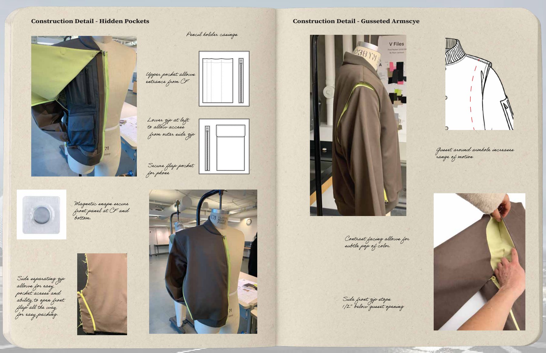 Construction board with sewn pocket and hood details